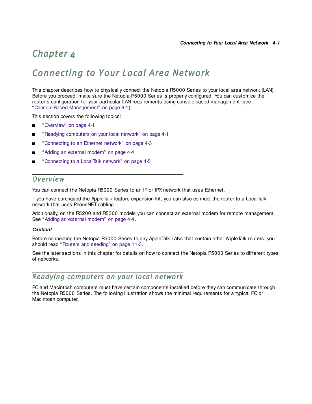 Netopia R5000 manual Chapter Connecting to Your Local Area Network, Readying computers on your local network 