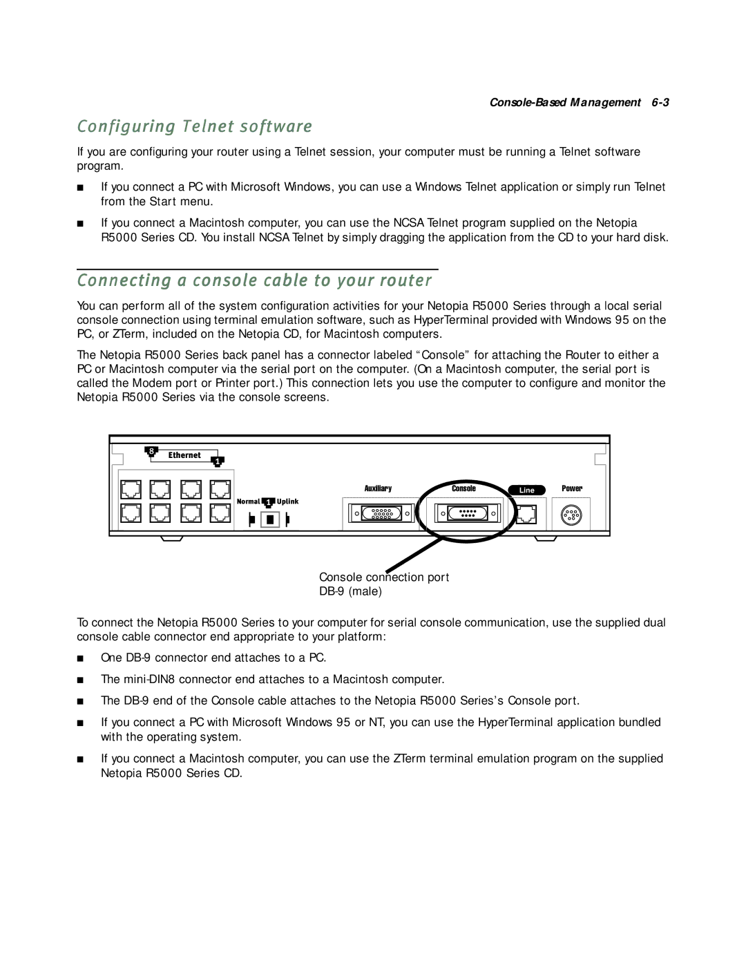 Netopia R5000 manual Configuring Telnet software, Connecting a console cable to your router 