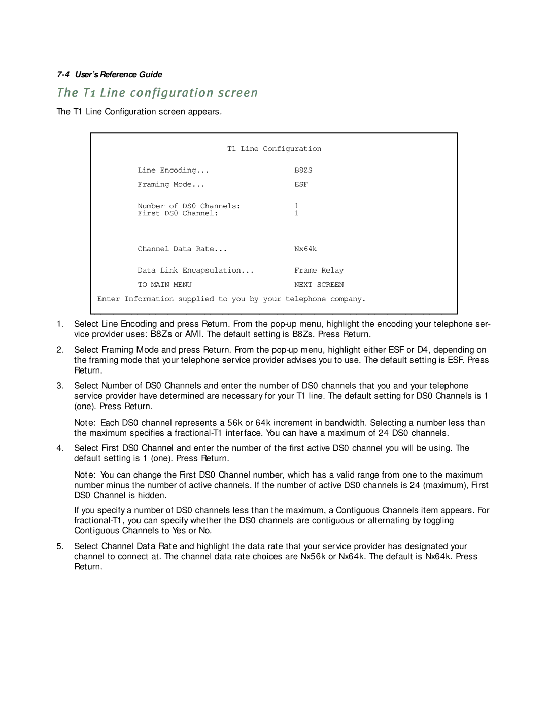 Netopia R5000 manual T1 Line configuration screen, T1 Line Conﬁguration screen appears 