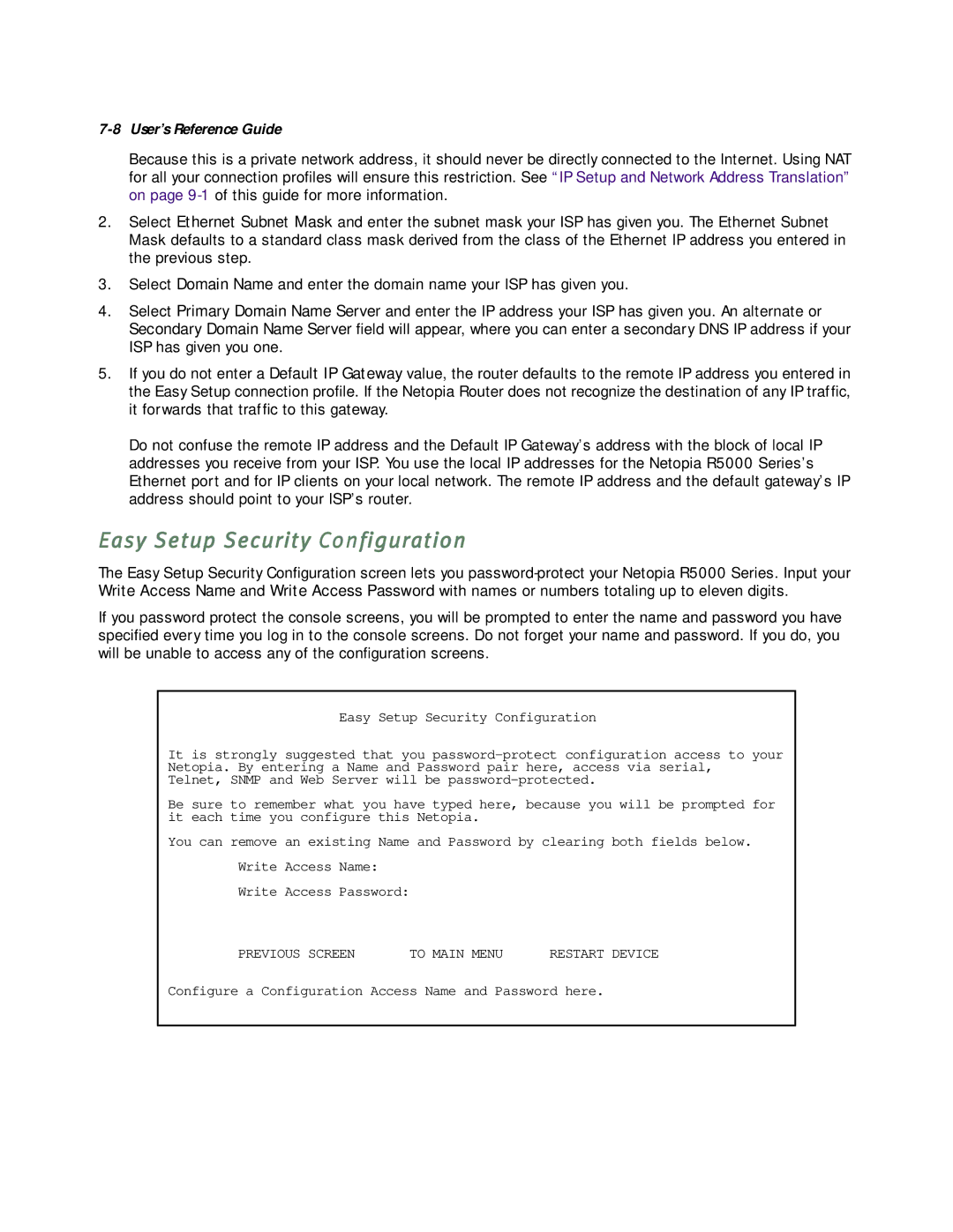 Netopia R5000 manual Easy Setup Security Configuration 