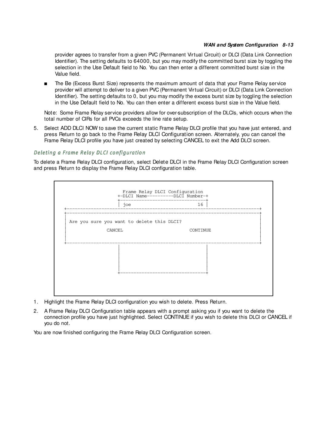 Netopia R5000 manual Deleting a Frame Relay Dlci configuration 