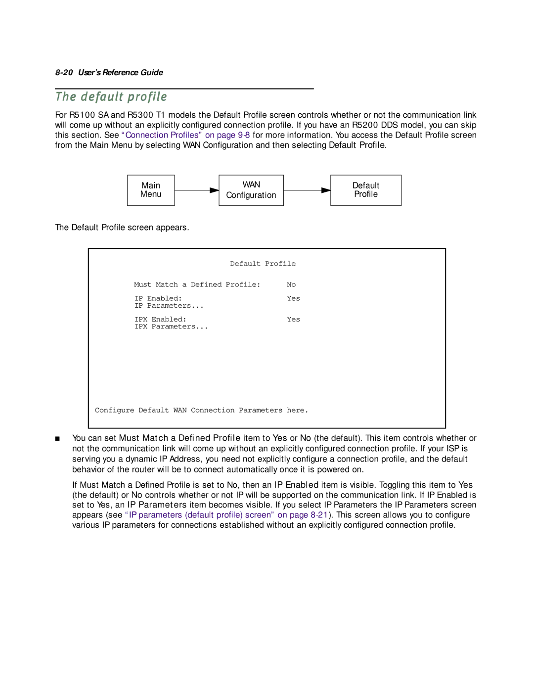 Netopia R5000 manual Default profile, Configuration Default Profile 