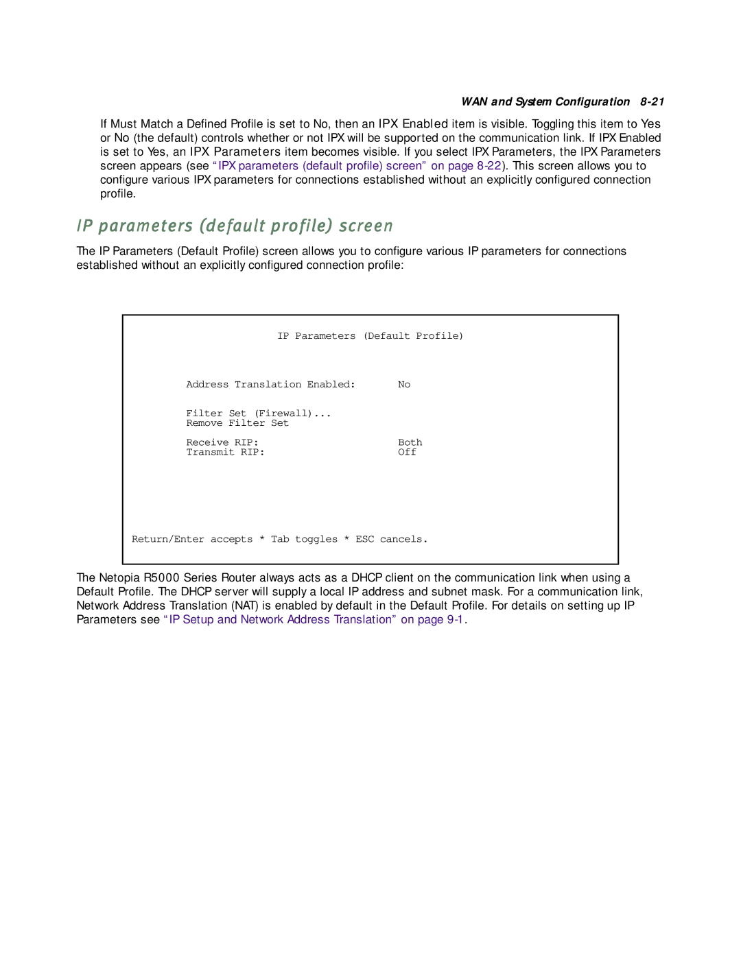 Netopia R5000 manual IP parameters default profile screen 