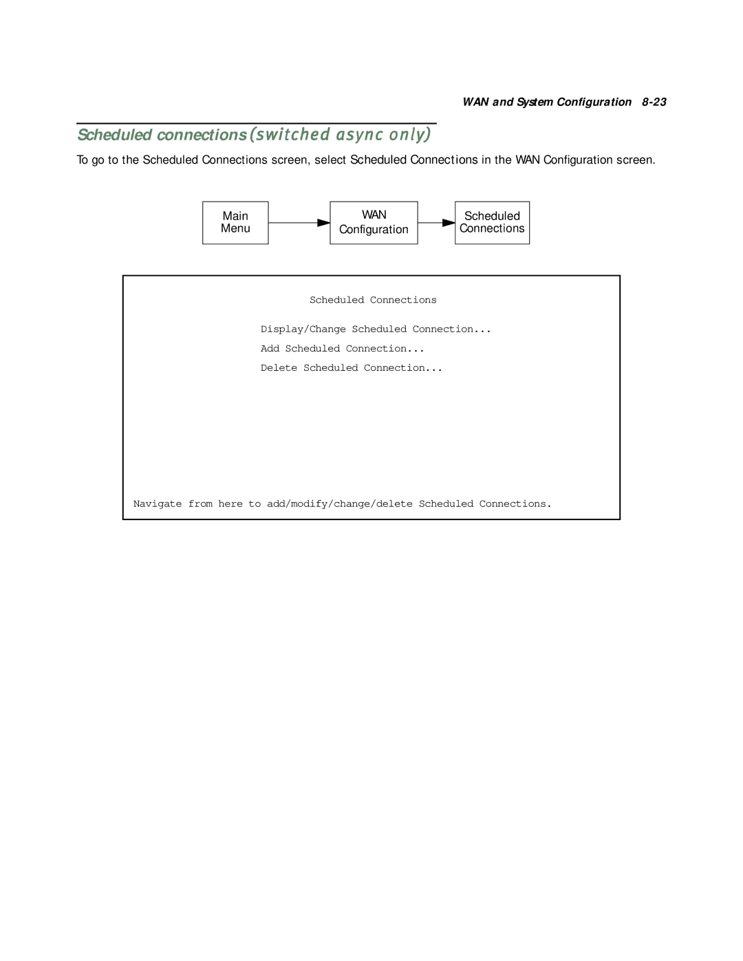 Netopia R5000 manual Scheduled connections switched async only, Configuration Scheduled Connections 