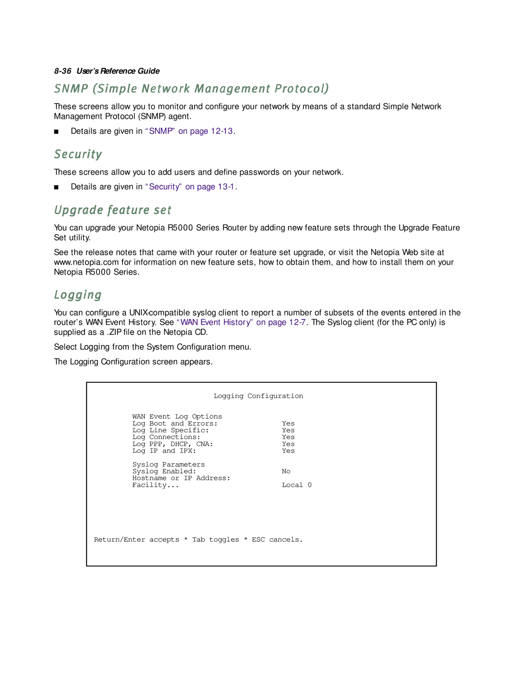 Netopia R5000 manual Snmp Simple Network Management Protocol, Security, Upgrade feature set, Logging 