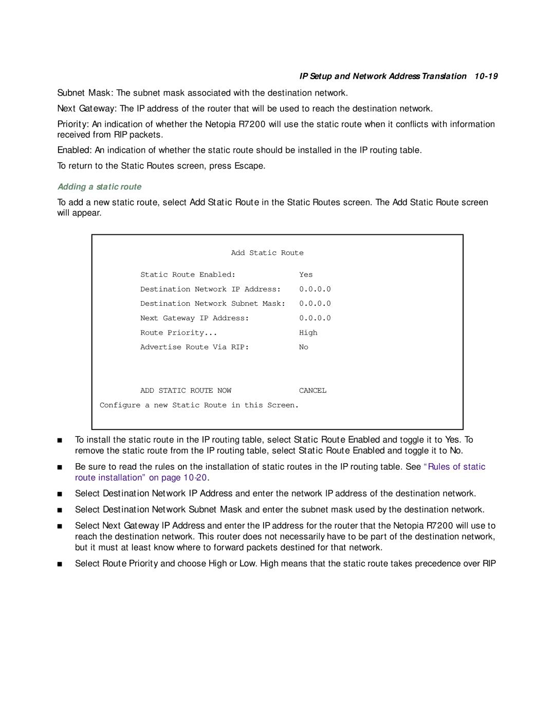 Netopia R7200 manual Adding a static route 