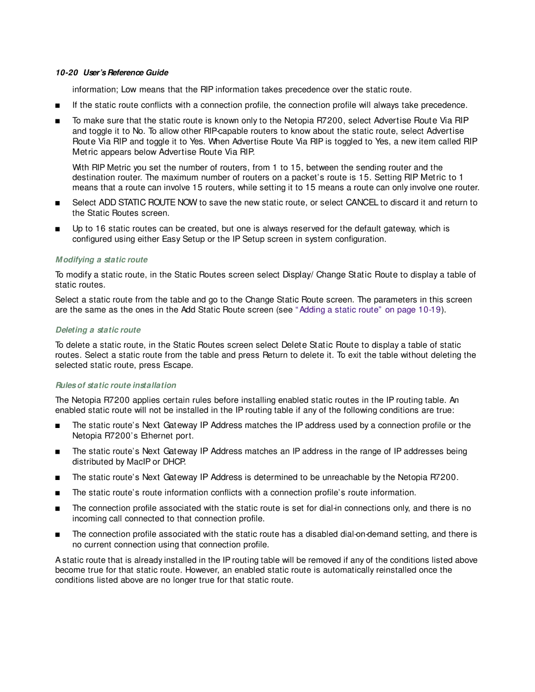 Netopia R7200 manual Modifying a static route, Deleting a static route, Rules of static route installation 