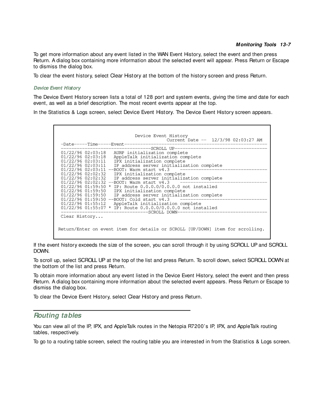 Netopia R7200 manual Routing tables, Device Event History 