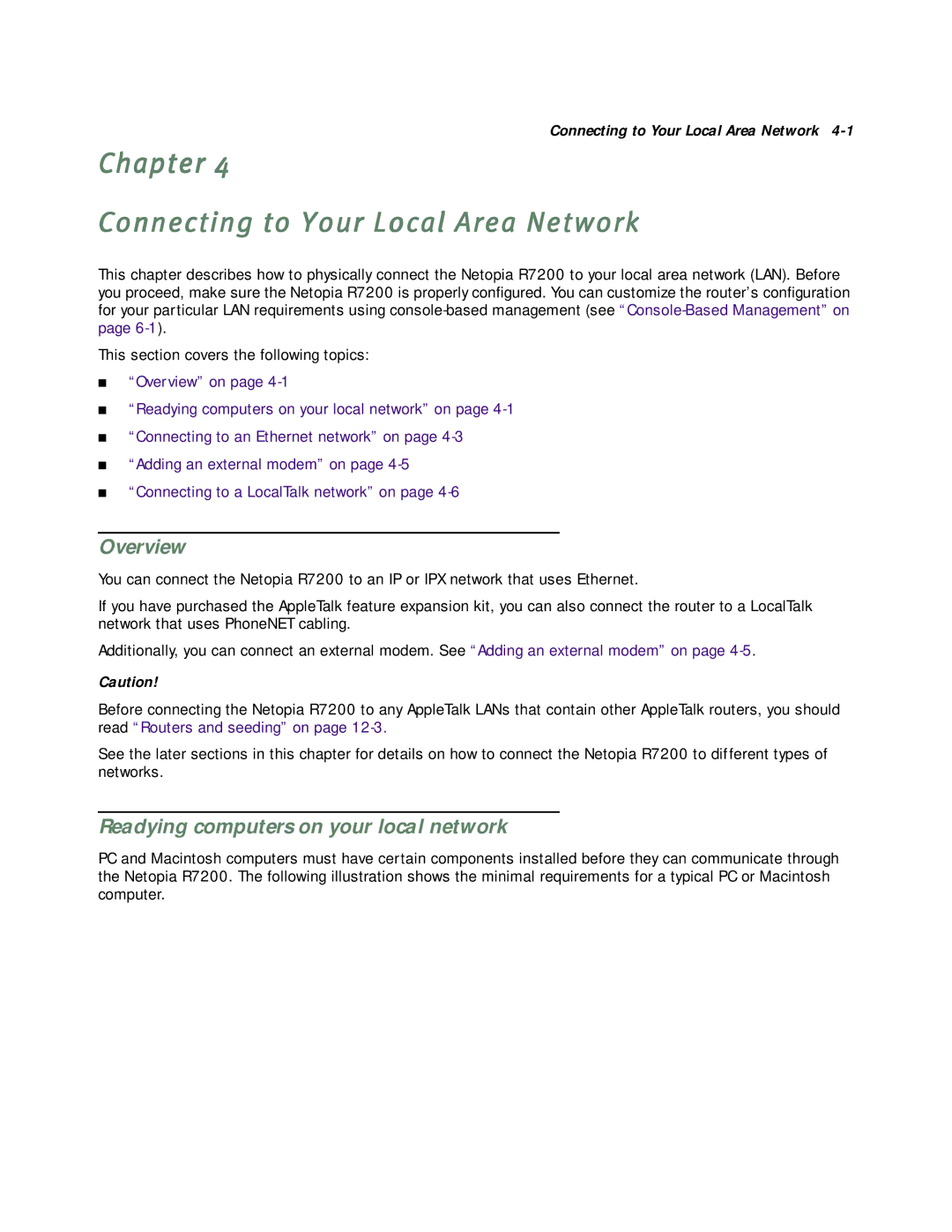 Netopia R7200 manual Chapter Connecting to Your Local Area Network, Readying computers on your local network 