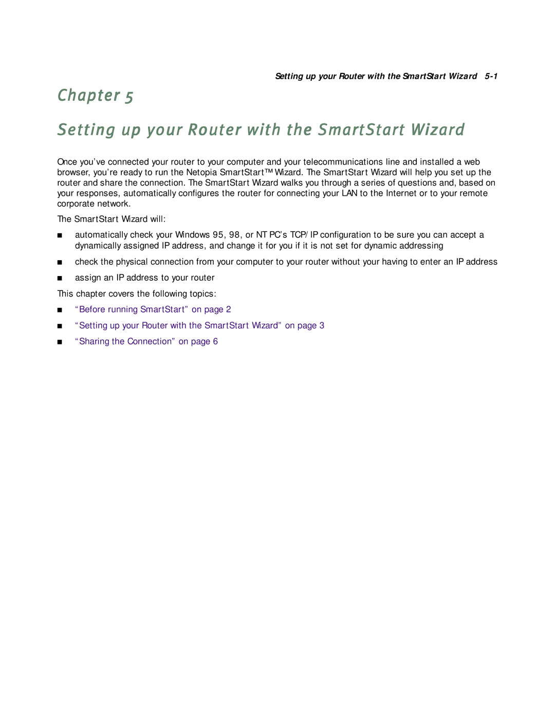 Netopia R7200 manual Chapter Setting up your Router with the SmartStart Wizard 