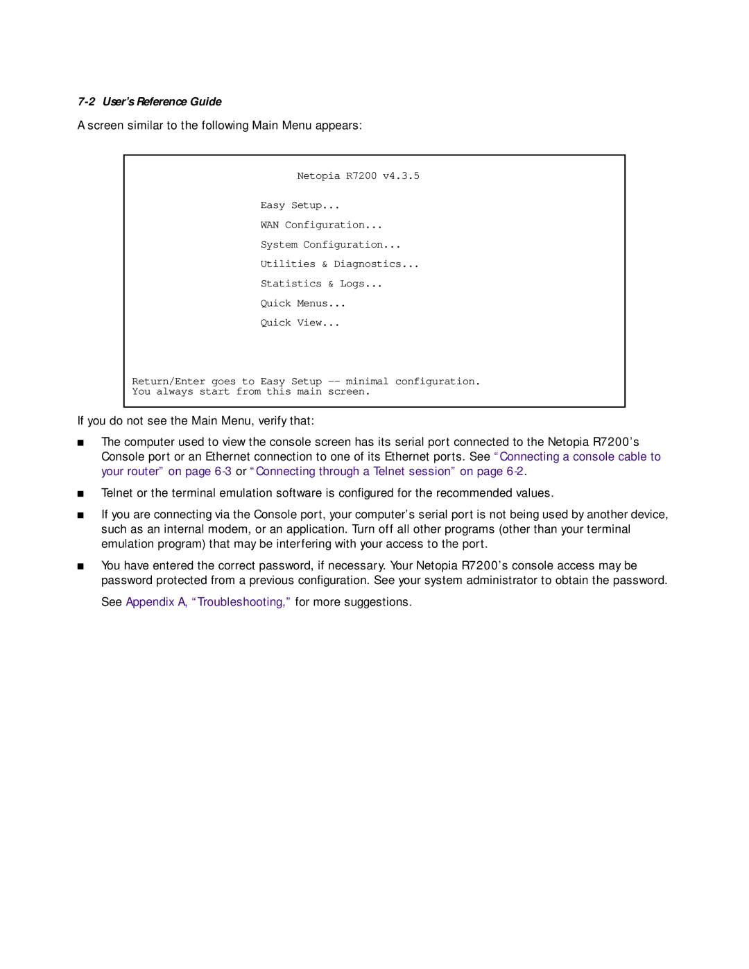 Netopia R7200 manual See Appendix A, Troubleshooting, for more suggestions 