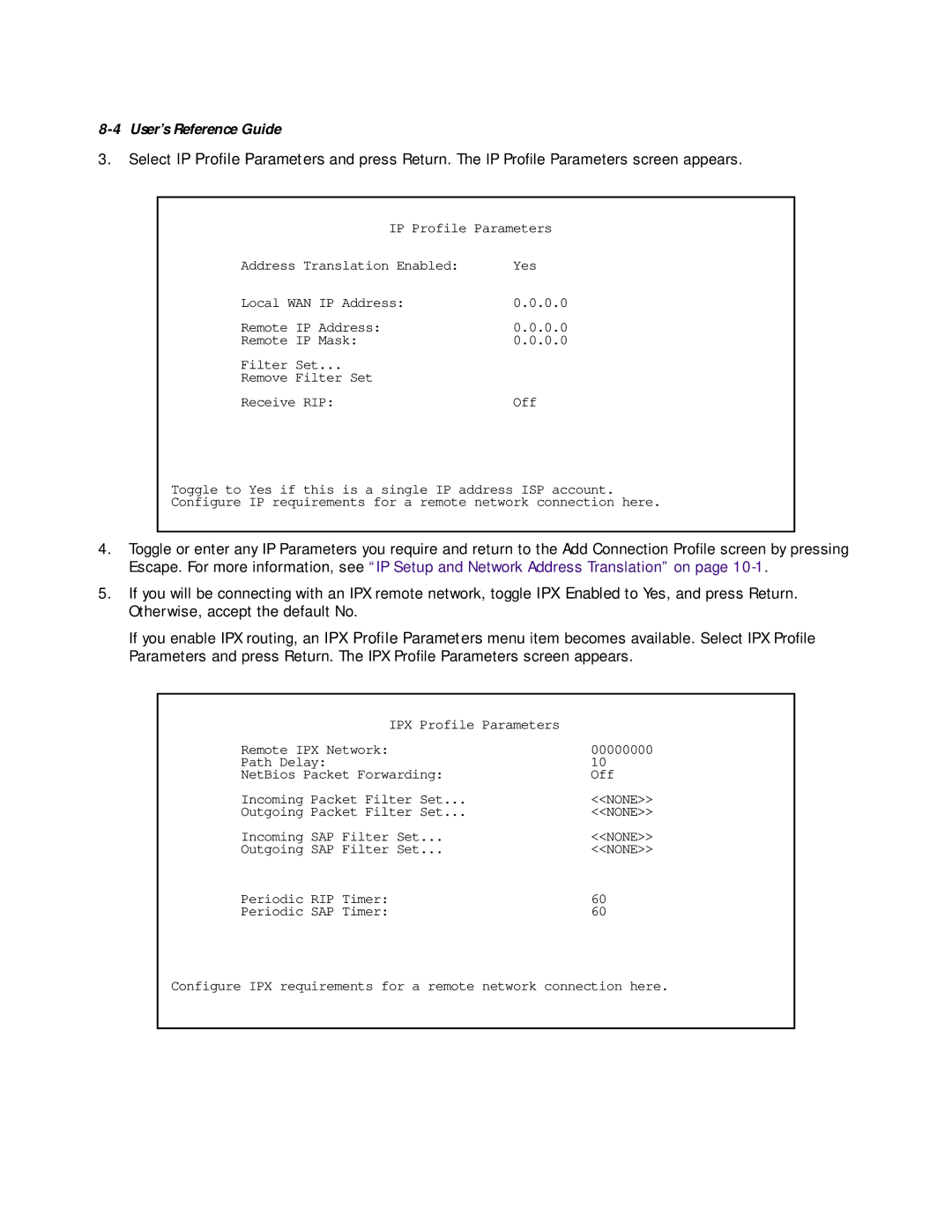 Netopia R7200 manual IPX Profile Parameters Remote IPX Network 