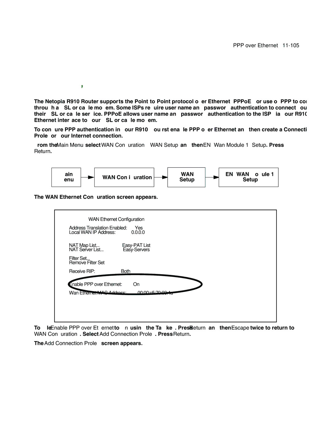 Netopia R910 manual Chapter PPP over Ethernet, Setup EN WAN Module 