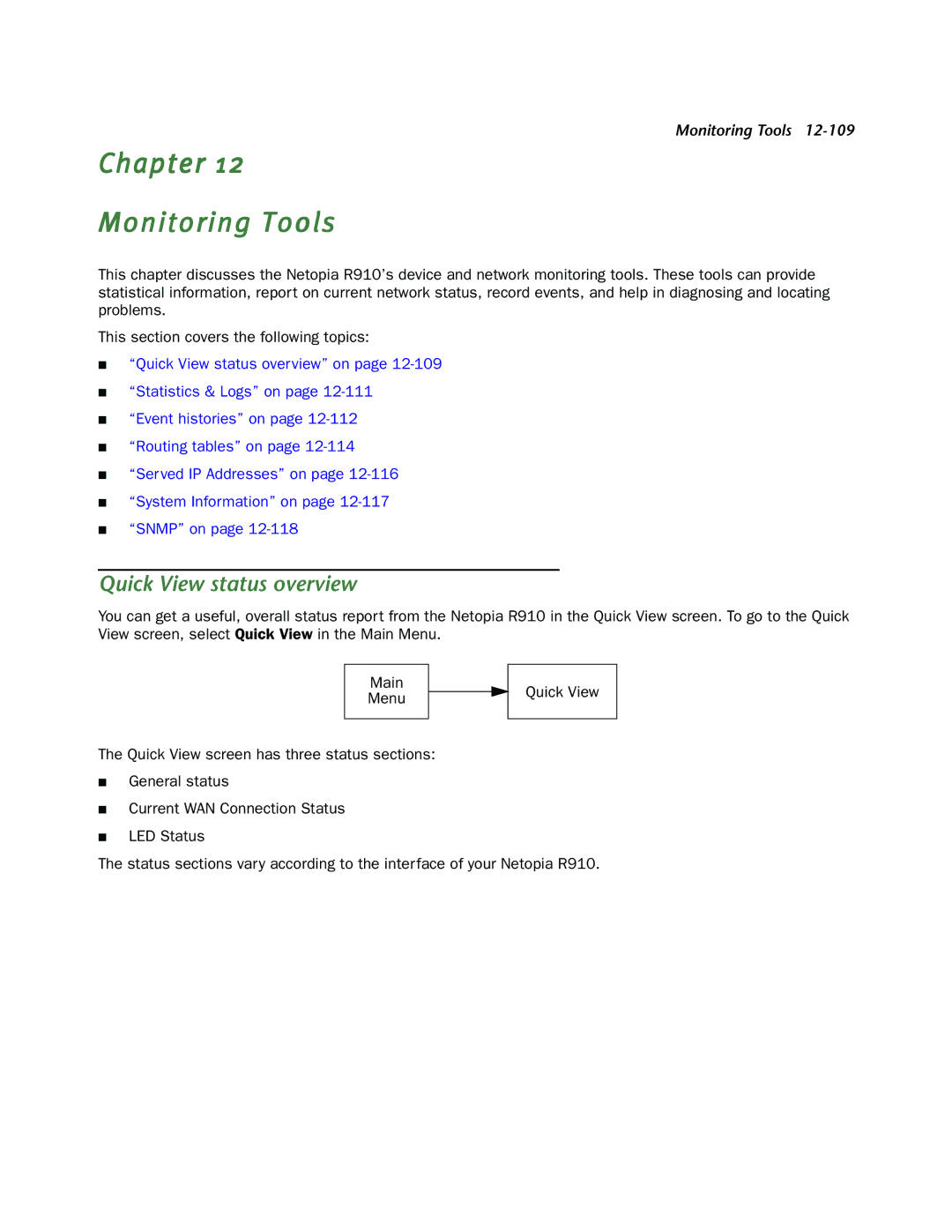 Netopia R910 manual Chapter Monitoring Tools, Quick View status overview 