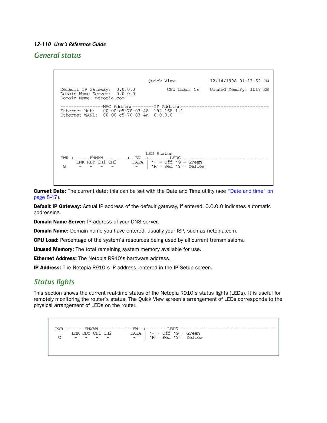 Netopia R910 manual General status, Status lights 