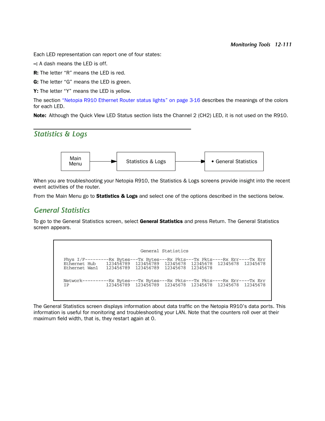 Netopia R910 manual Statistics & Logs, General Statistics 