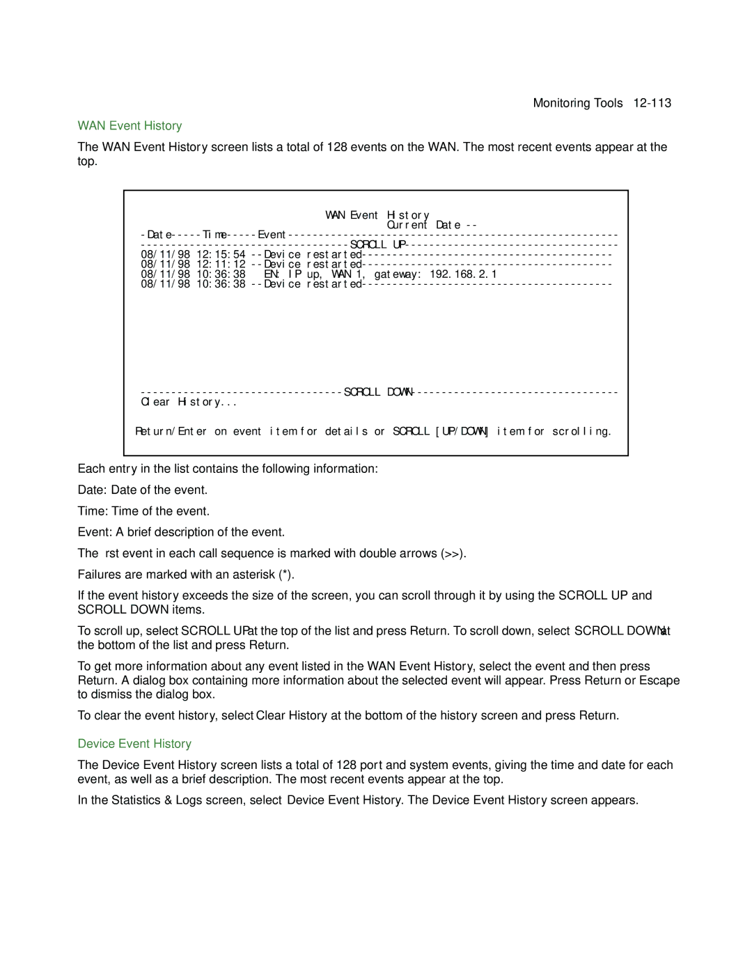 Netopia R910 manual WAN Event History, Device Event History 