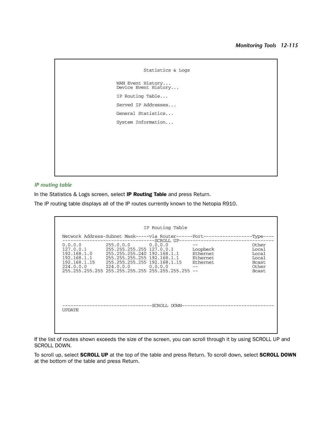 Netopia R910 manual IP routing table, Scroll Down 