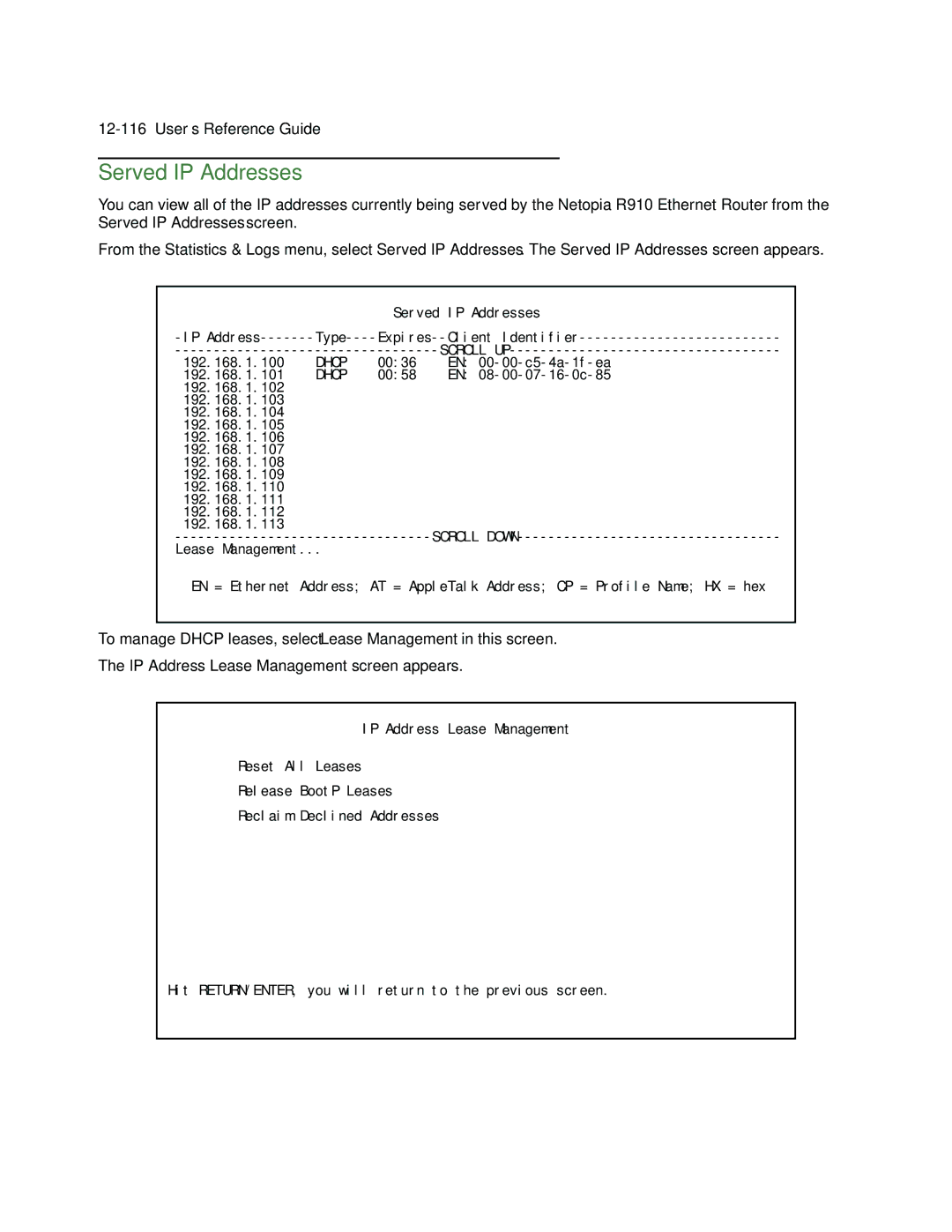 Netopia R910 manual Served IP Addresses 