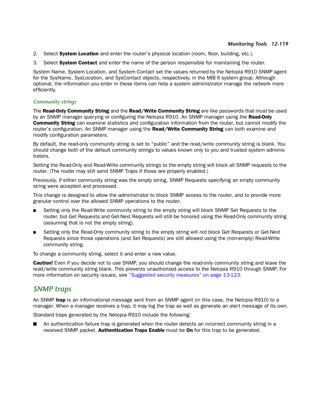 Netopia R910 manual Snmp traps, Community strings 