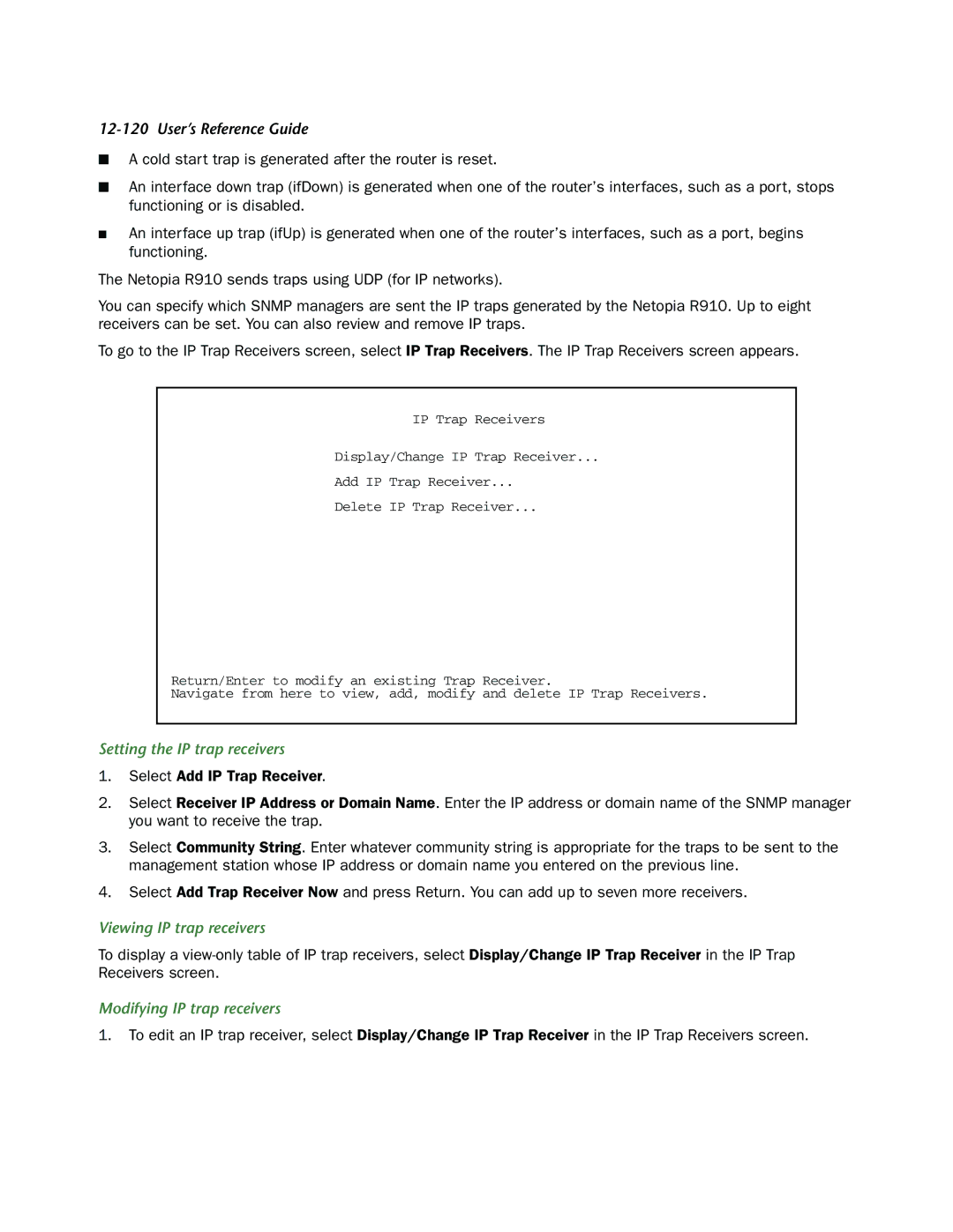 Netopia R910 manual Setting the IP trap receivers, Viewing IP trap receivers, Modifying IP trap receivers 