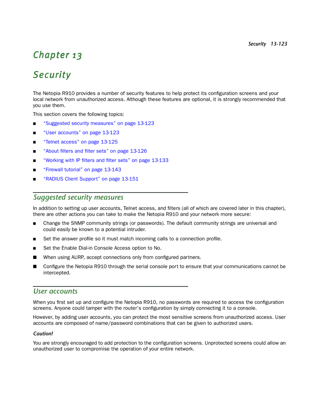 Netopia R910 manual Chapter Security, Suggested security measures, User accounts 