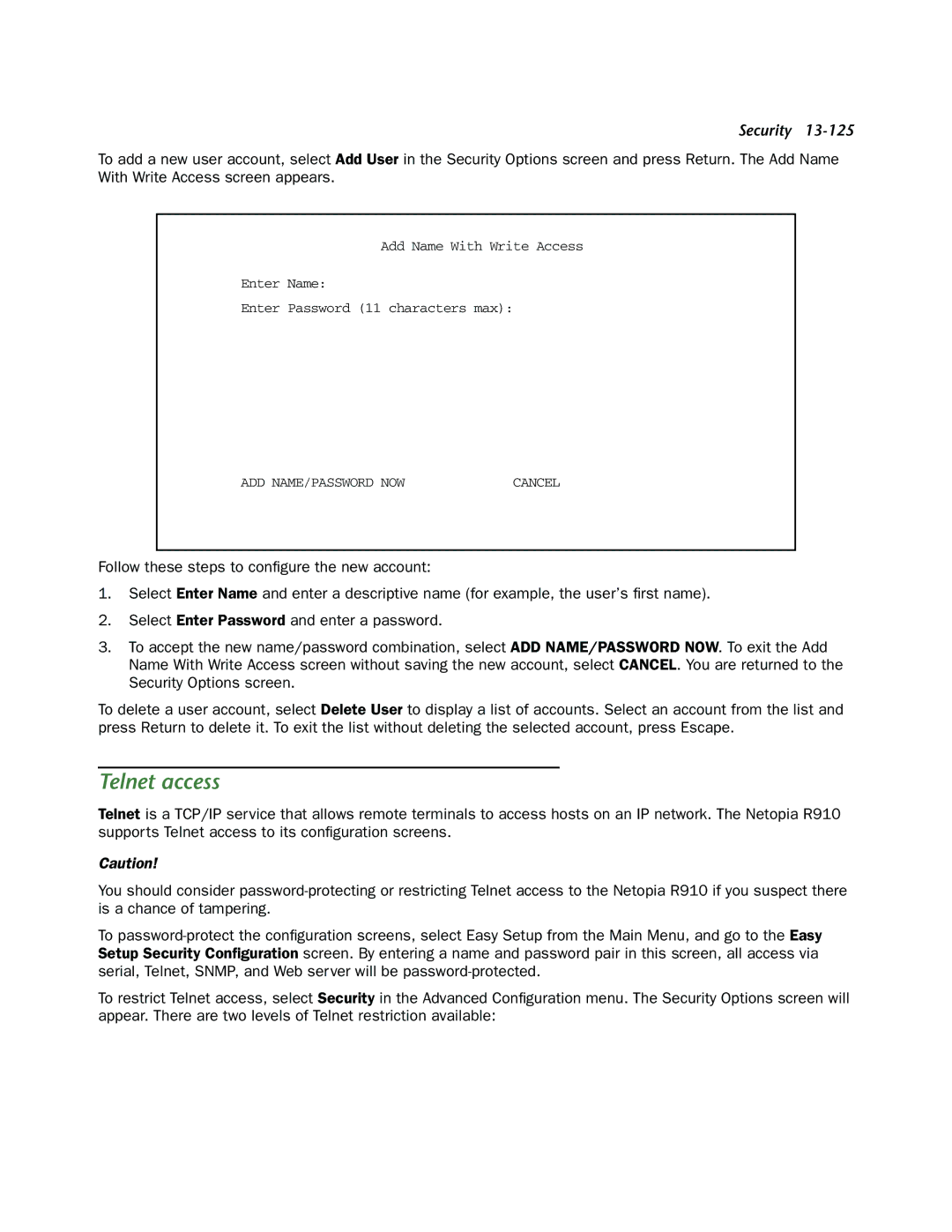 Netopia R910 manual Telnet access 