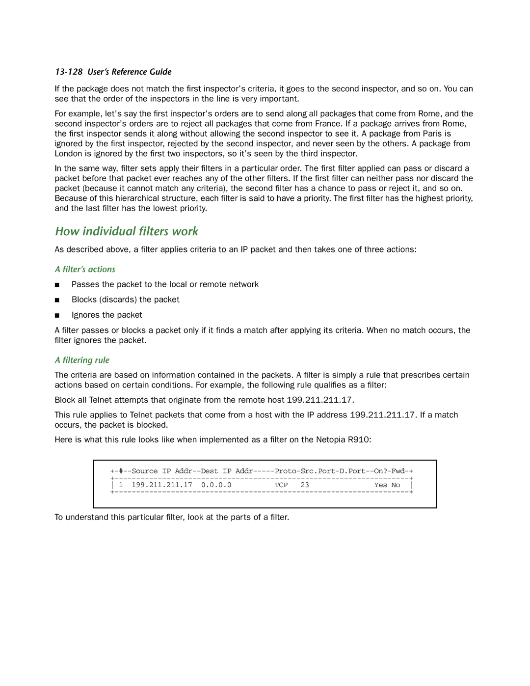 Netopia R910 manual How individual ﬁlters work, ﬁlter’s actions, ﬁltering rule 