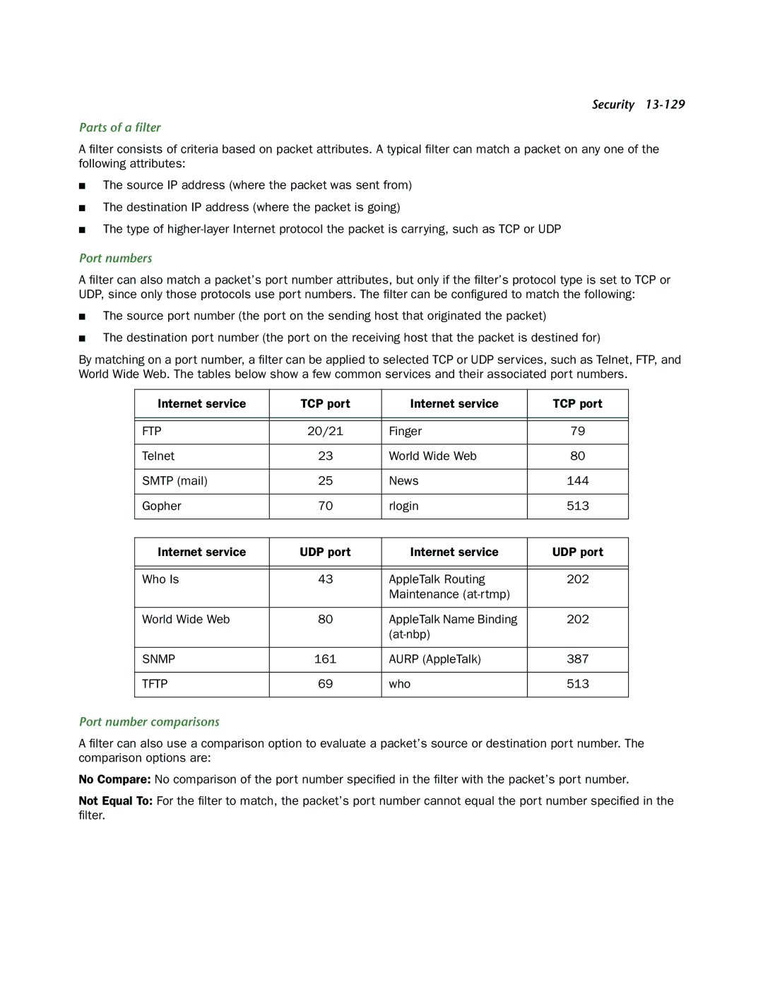 Netopia R910 manual Parts of a ﬁlter, Port numbers, Aurp AppleTalk 387, Who 513, Port number comparisons 