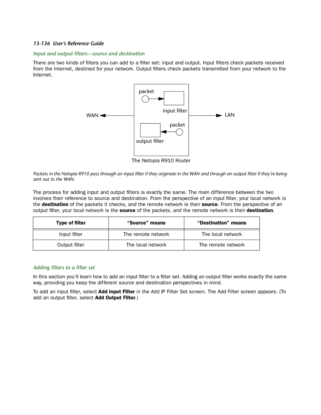 Netopia manual Input and output ﬁlters-source and destination, Netopia R910 Router, Adding ﬁlters to a ﬁlter set 