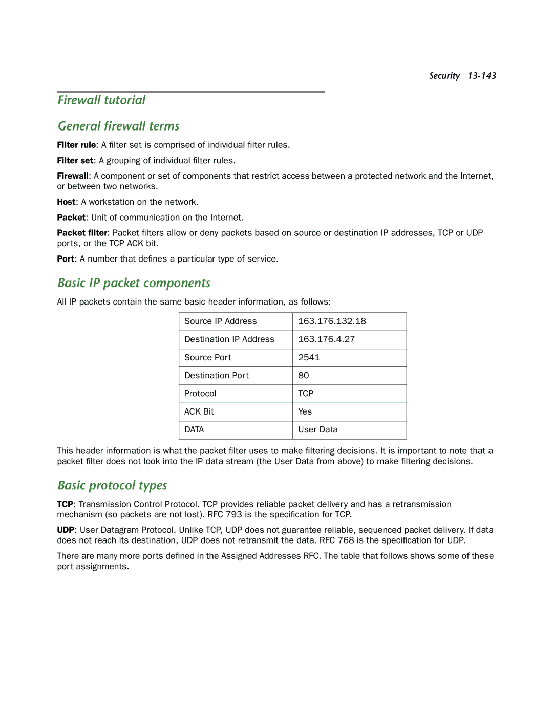 Netopia R910 manual Firewall tutorial General ﬁrewall terms, Basic IP packet components, Basic protocol types, ACK Bit Yes 