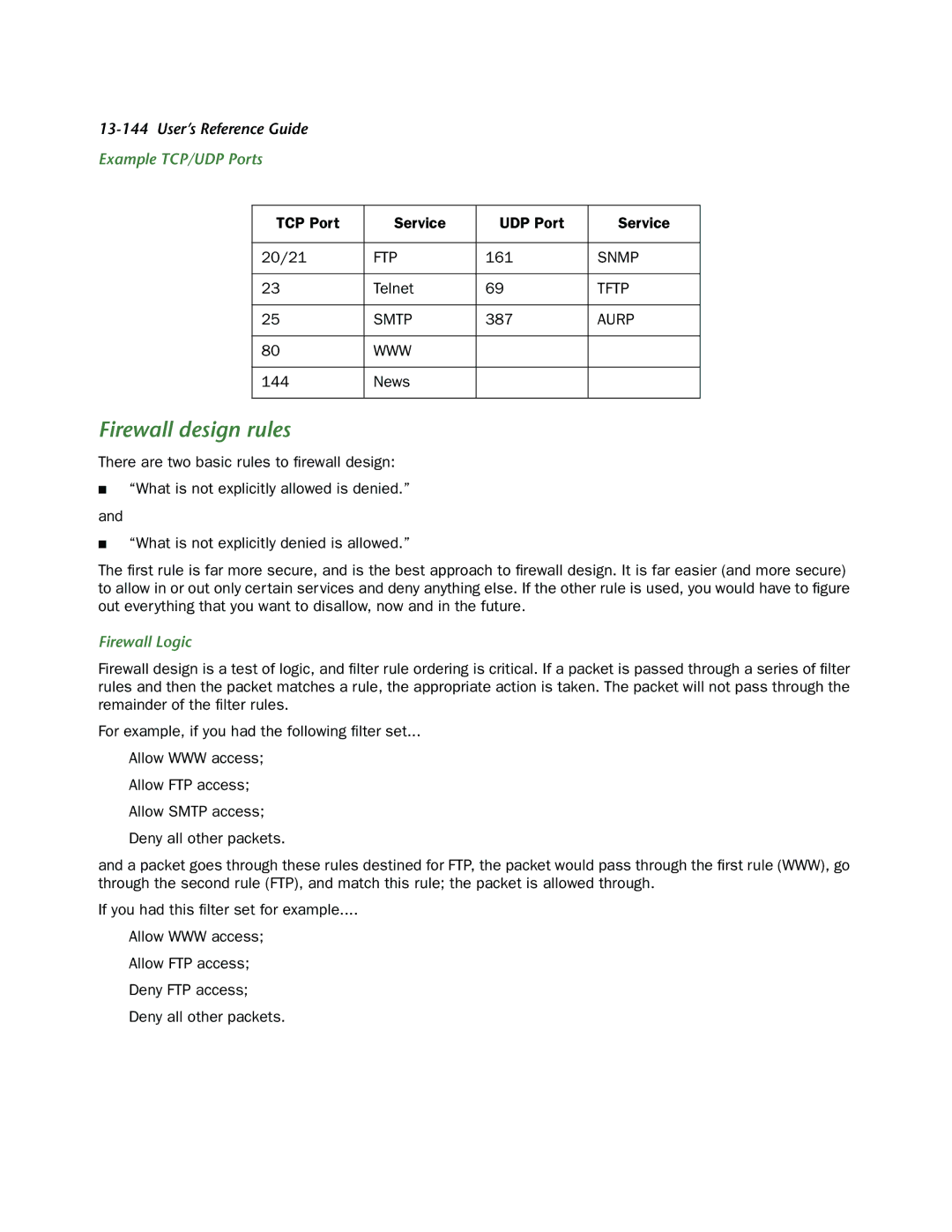 Netopia R910 manual Firewall design rules, Example TCP/UDP Ports, Firewall Logic 