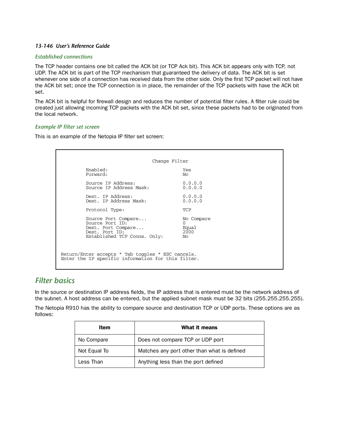 Netopia R910 manual Filter basics, Established connections, Example IP ﬁlter set screen 