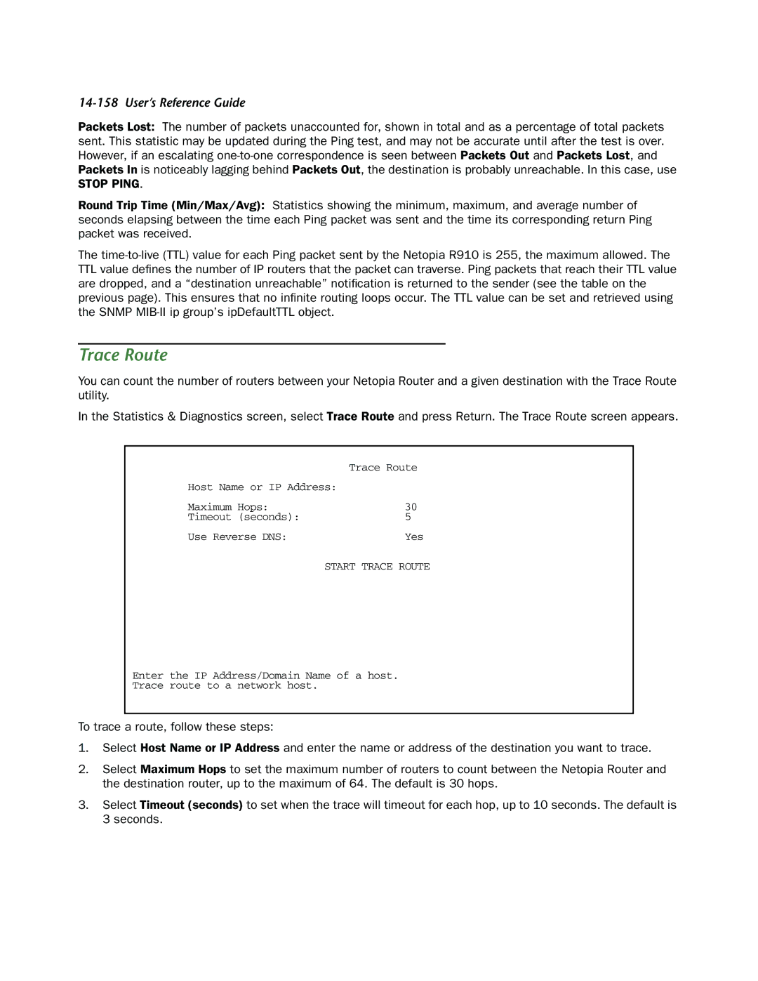 Netopia R910 manual Trace Route, Stop Ping 