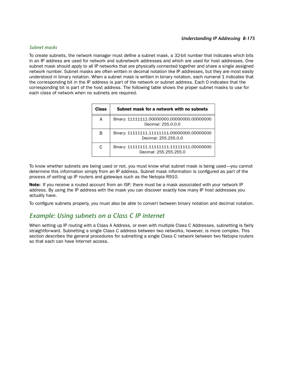 Netopia R910 manual Example Using subnets on a Class C IP internet, Subnet masks 