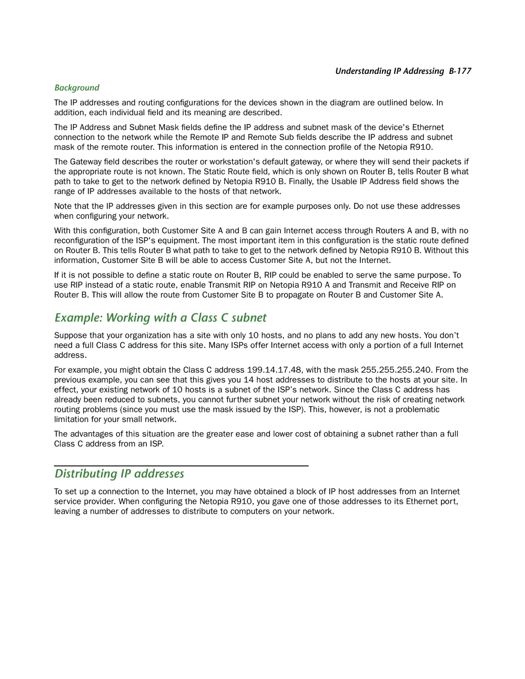 Netopia R910 manual Example Working with a Class C subnet, Distributing IP addresses, Background 