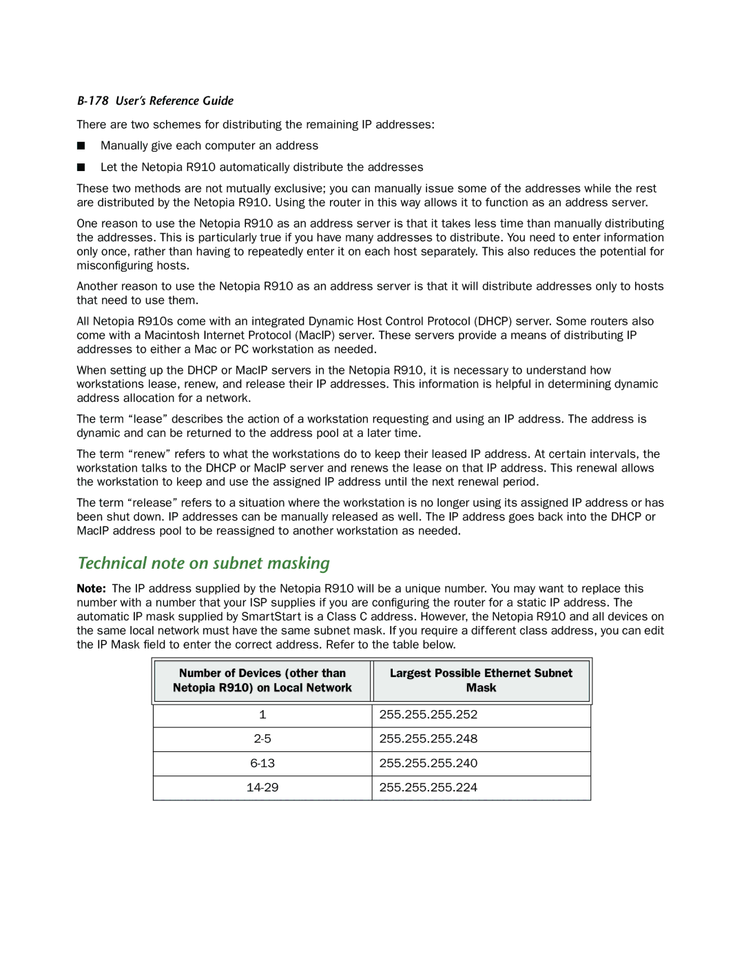 Netopia R910 manual Technical note on subnet masking, 255.255.255.224 