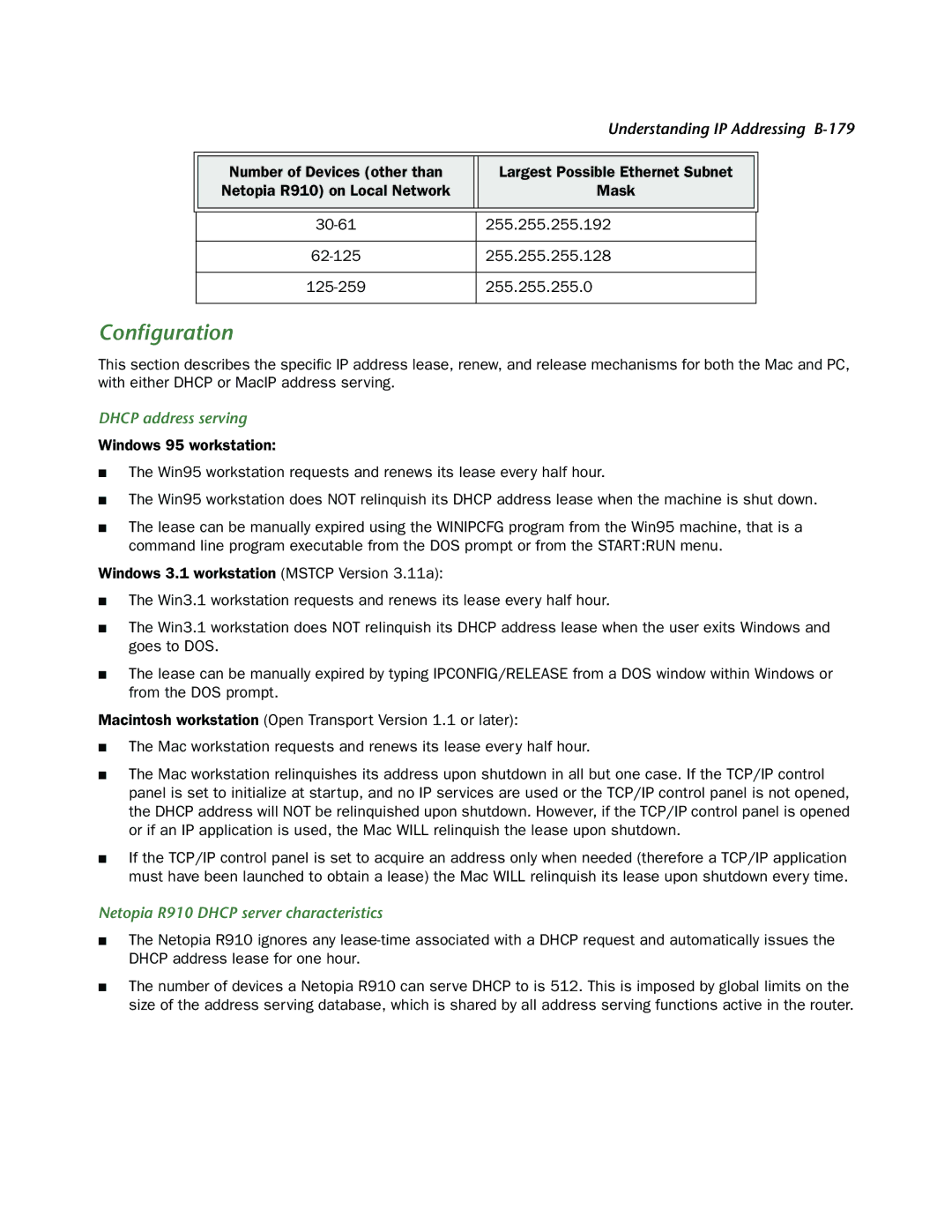 Netopia manual Conﬁguration, 255.255.255.0, Dhcp address serving, Netopia R910 Dhcp server characteristics 