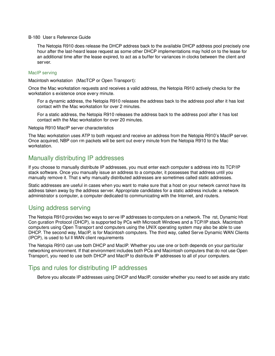 Netopia R910 manual Manually distributing IP addresses, Using address serving, Tips and rules for distributing IP addresses 