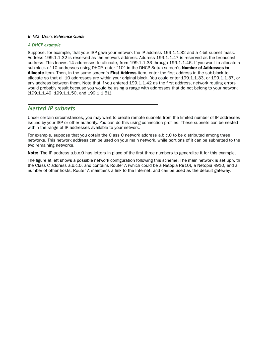 Netopia R910 manual Nested IP subnets, Dhcp example 