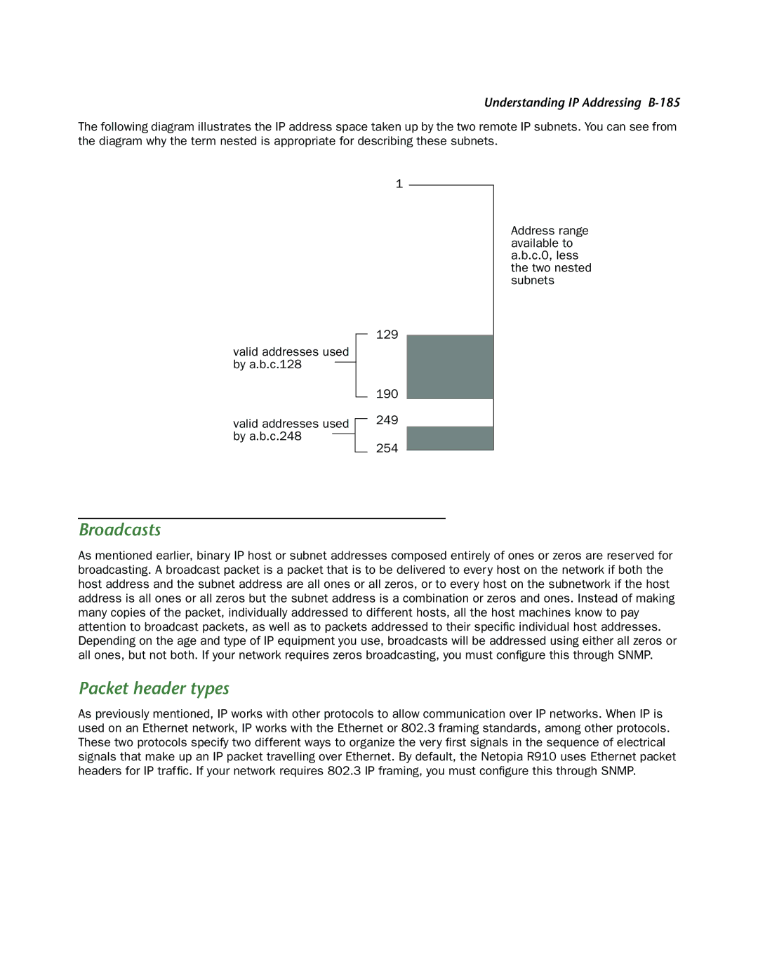 Netopia R910 manual Broadcasts, Packet header types 