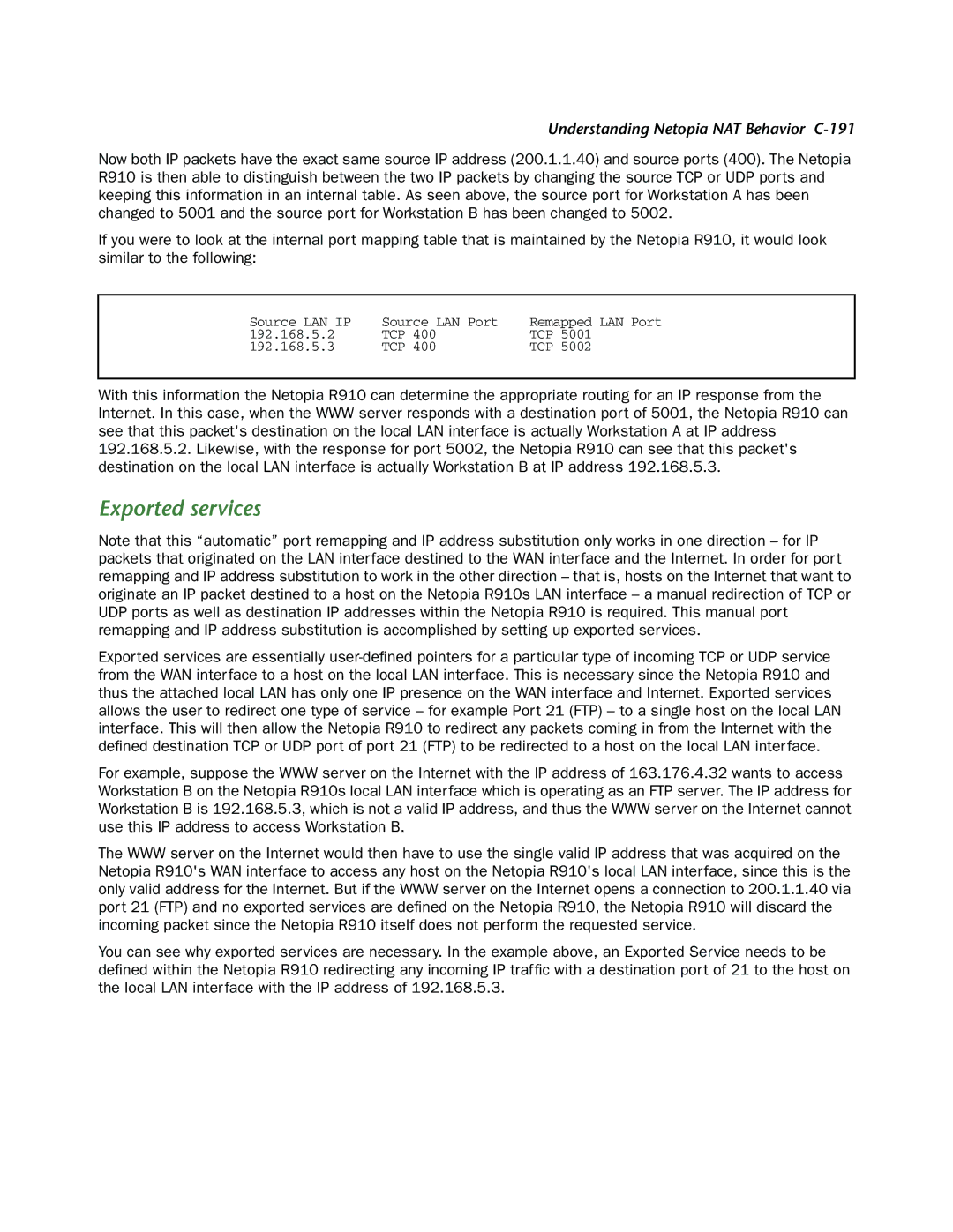 Netopia R910 manual Exported services, Understanding Netopia NAT Behavior C-191 