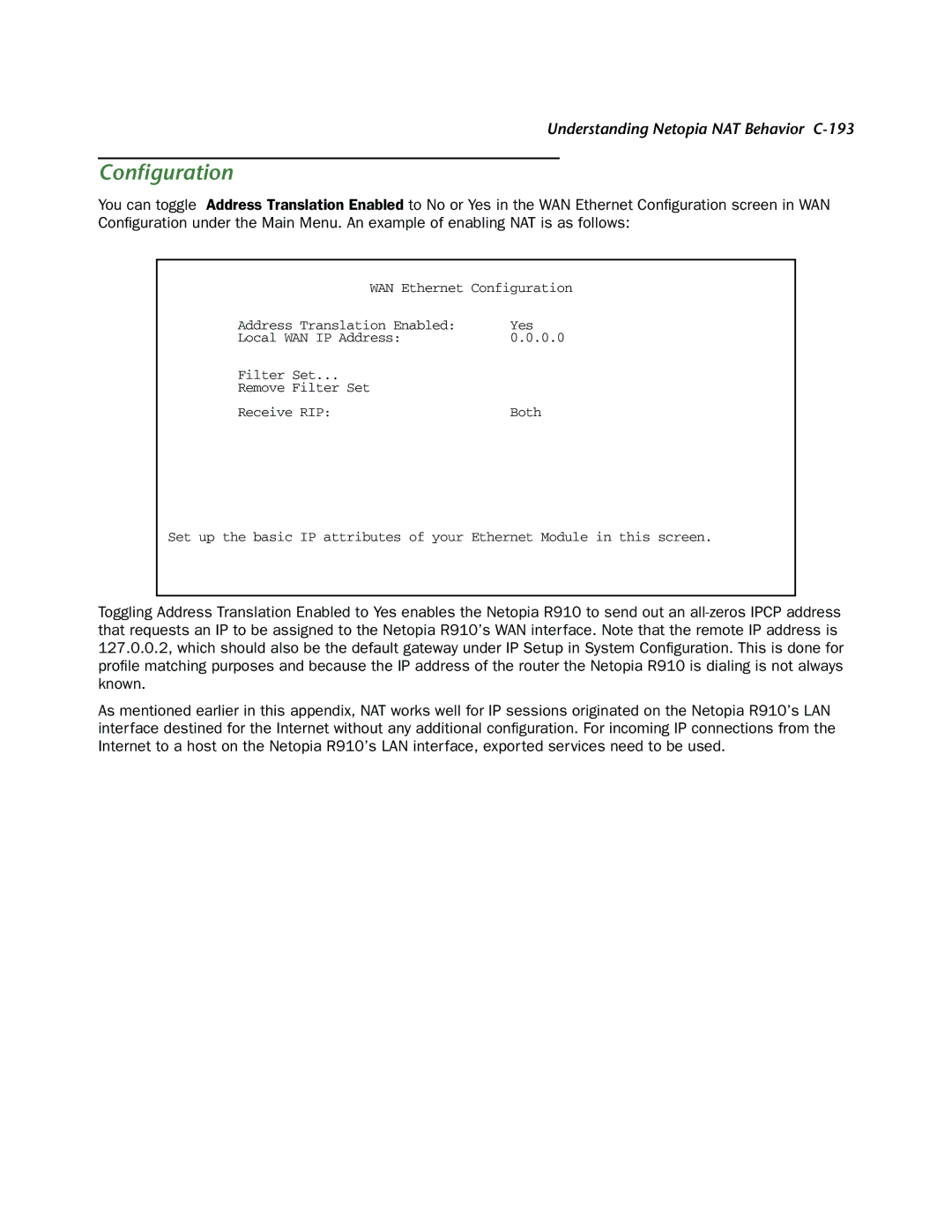 Netopia R910 manual Understanding Netopia NAT Behavior C-193 