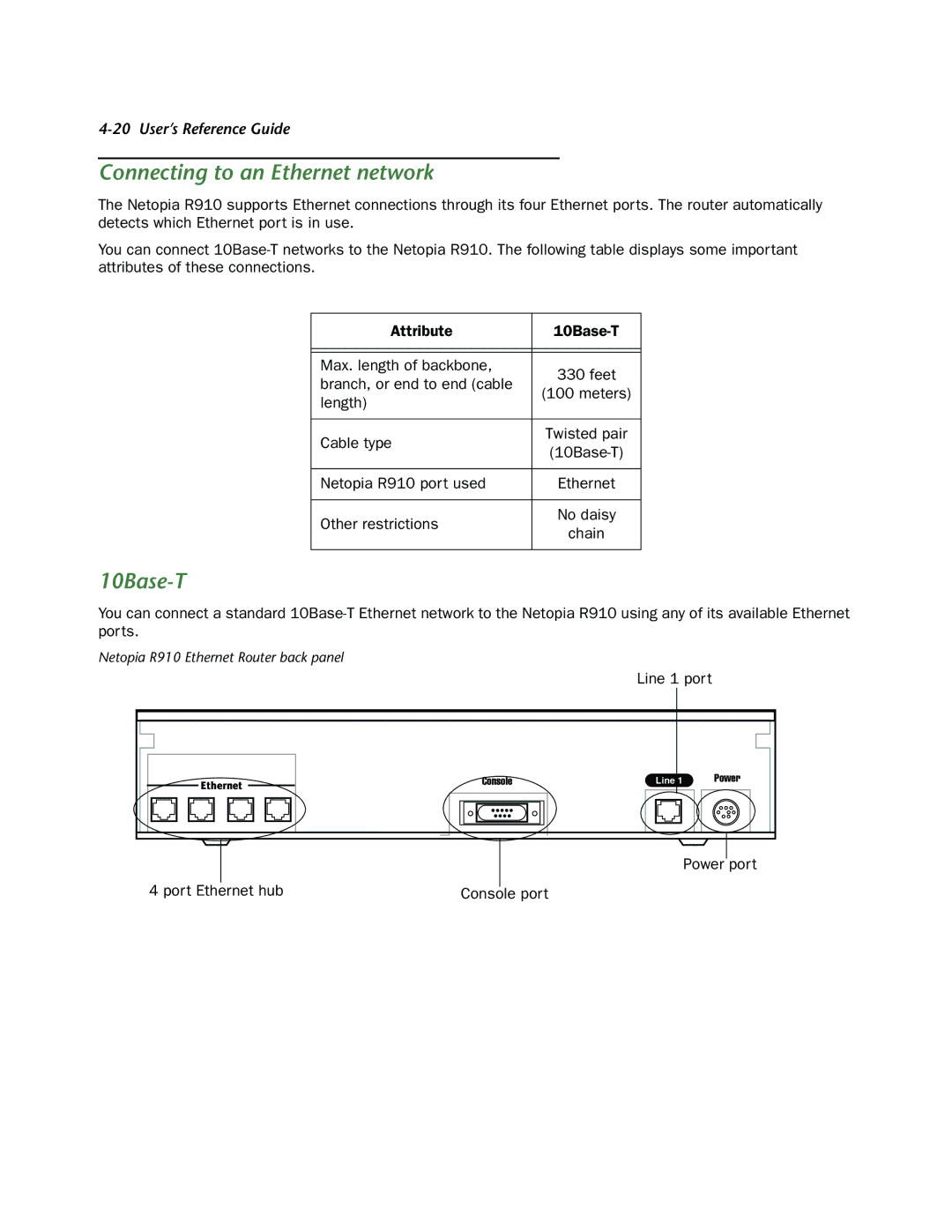 Netopia R910 manual Connecting to an Ethernet network, 10Base-T, Power port Console port 