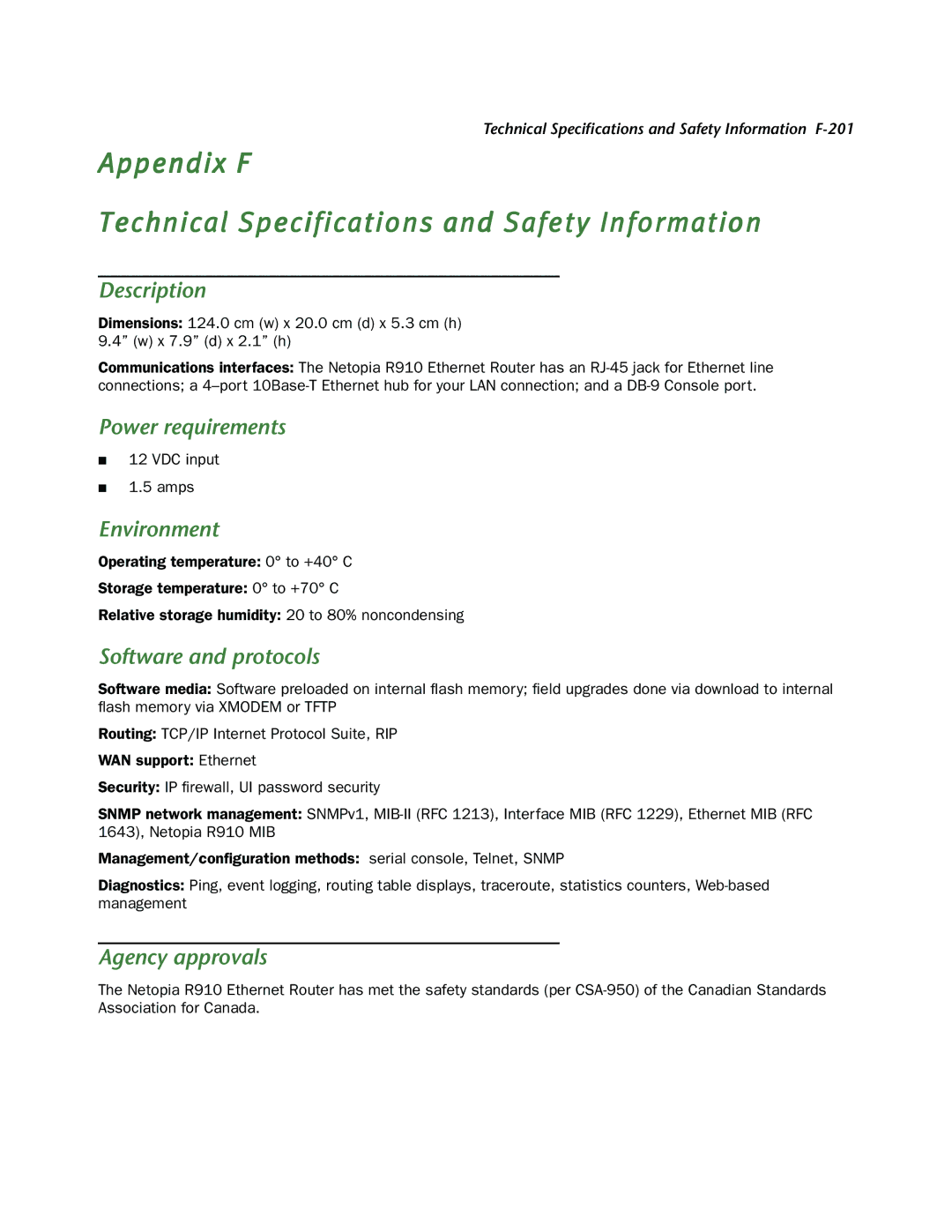 Netopia R910 manual Appendix F Technical Specifications and Safety Information 