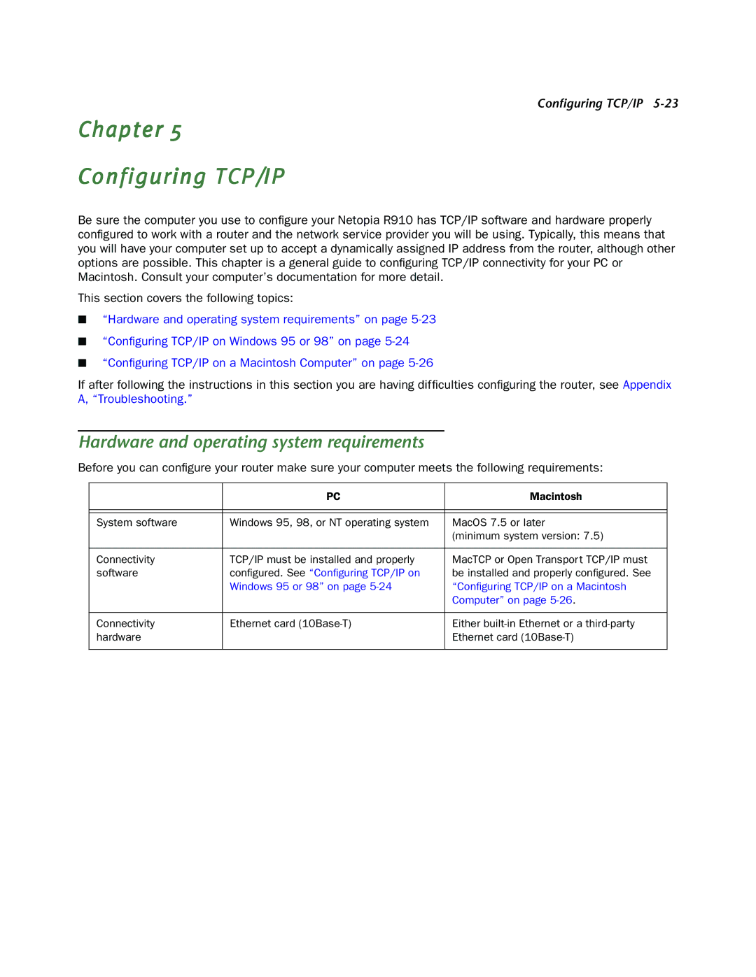 Netopia R910 manual Chapter Configuring TCP/IP, Hardware and operating system requirements 