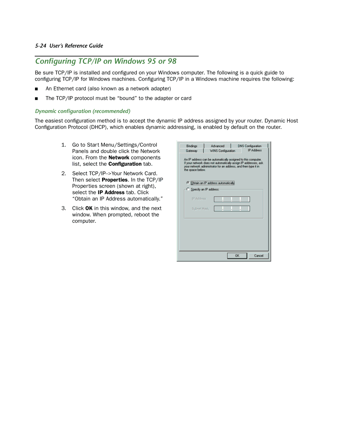 Netopia R910 manual Conﬁguring TCP/IP on Windows 95 or, Dynamic conﬁguration recommended 