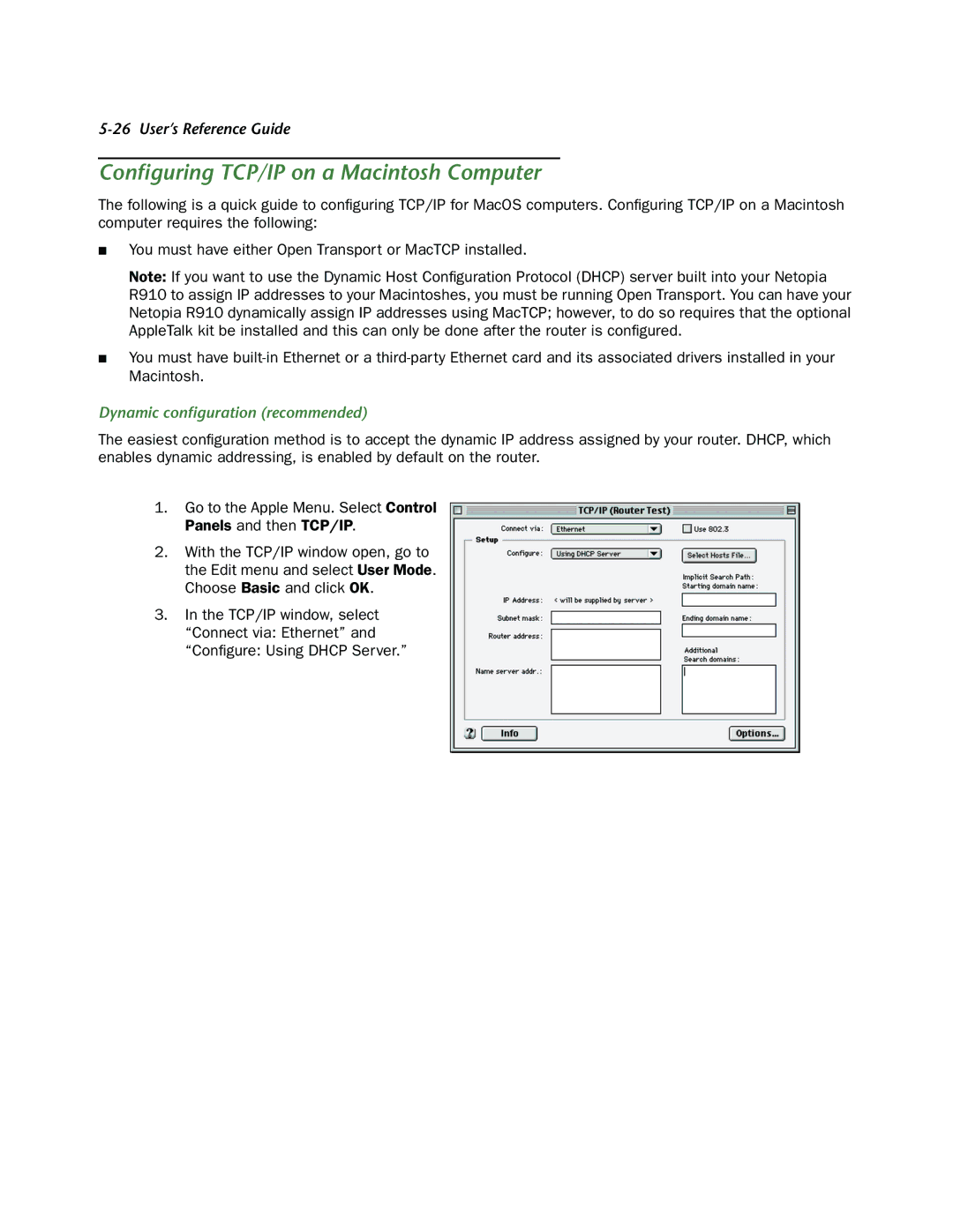 Netopia R910 manual Conﬁguring TCP/IP on a Macintosh Computer 