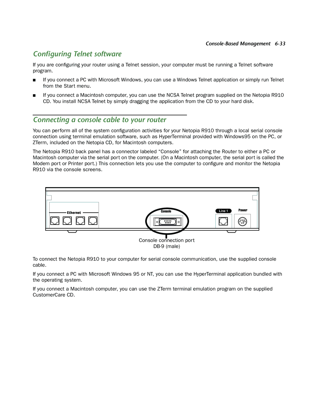 Netopia R910 manual Conﬁguring Telnet software, Connecting a console cable to your router 