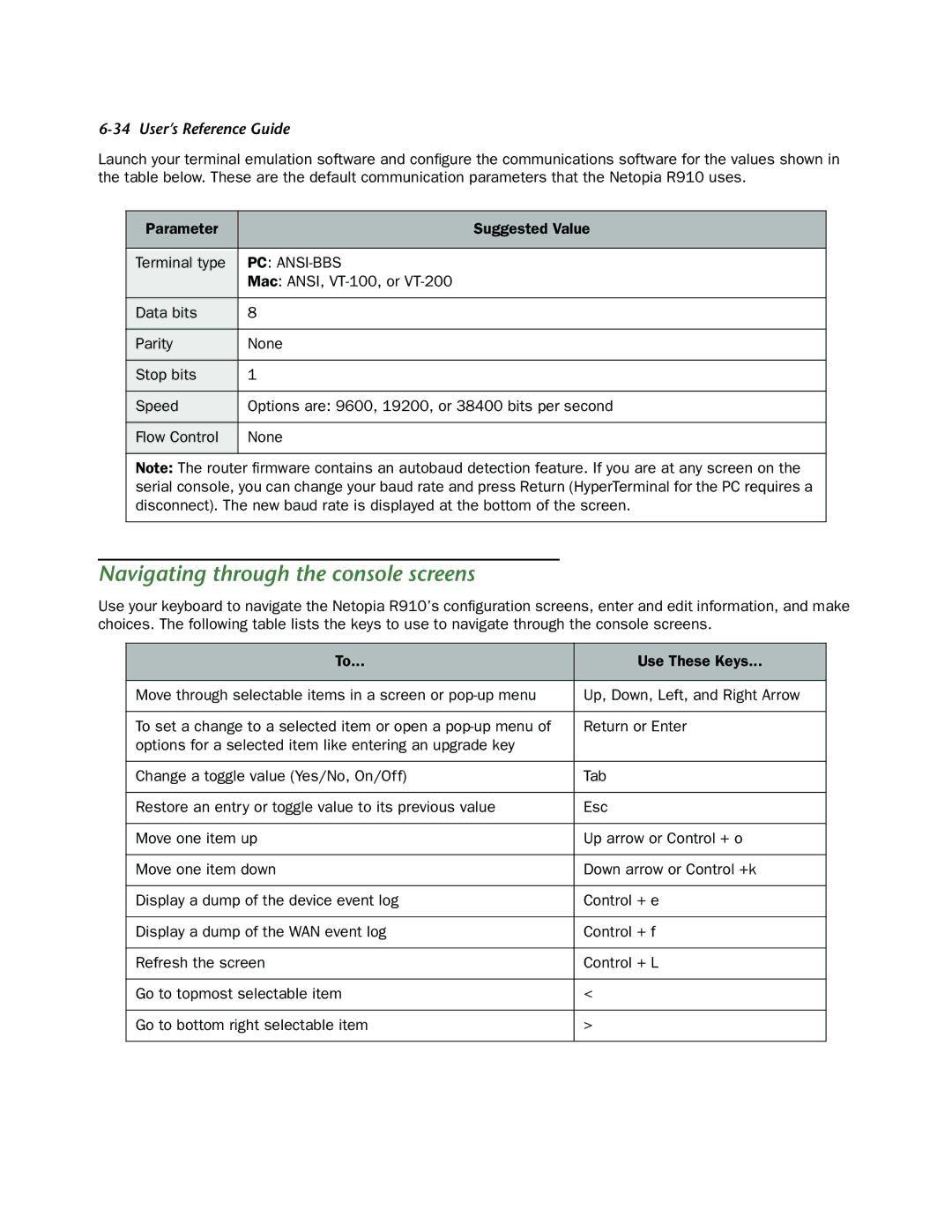 Netopia R910 manual Navigating through the console screens, Mac ANSI, VT-100, or VT-200 